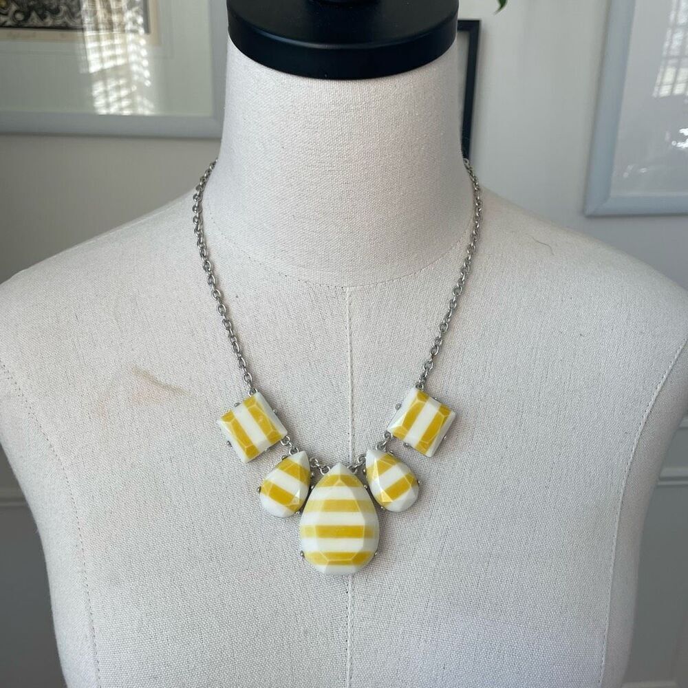 NWT Versona White Yellow Stripe Cabochon Silver Tone Adj Necklace